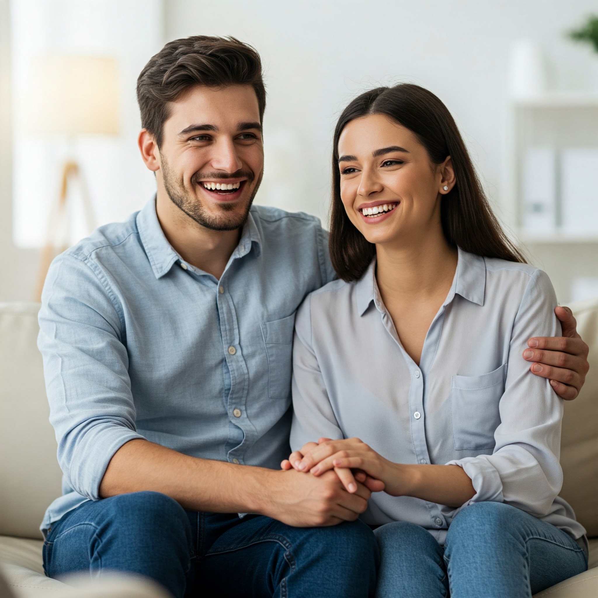 Casal em sessão de terapia, demonstrando conexão e diálogo